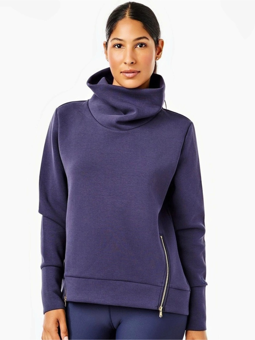Addison Bay Everyday Funnel Neck Pullover Navy Gold Zips M NWT